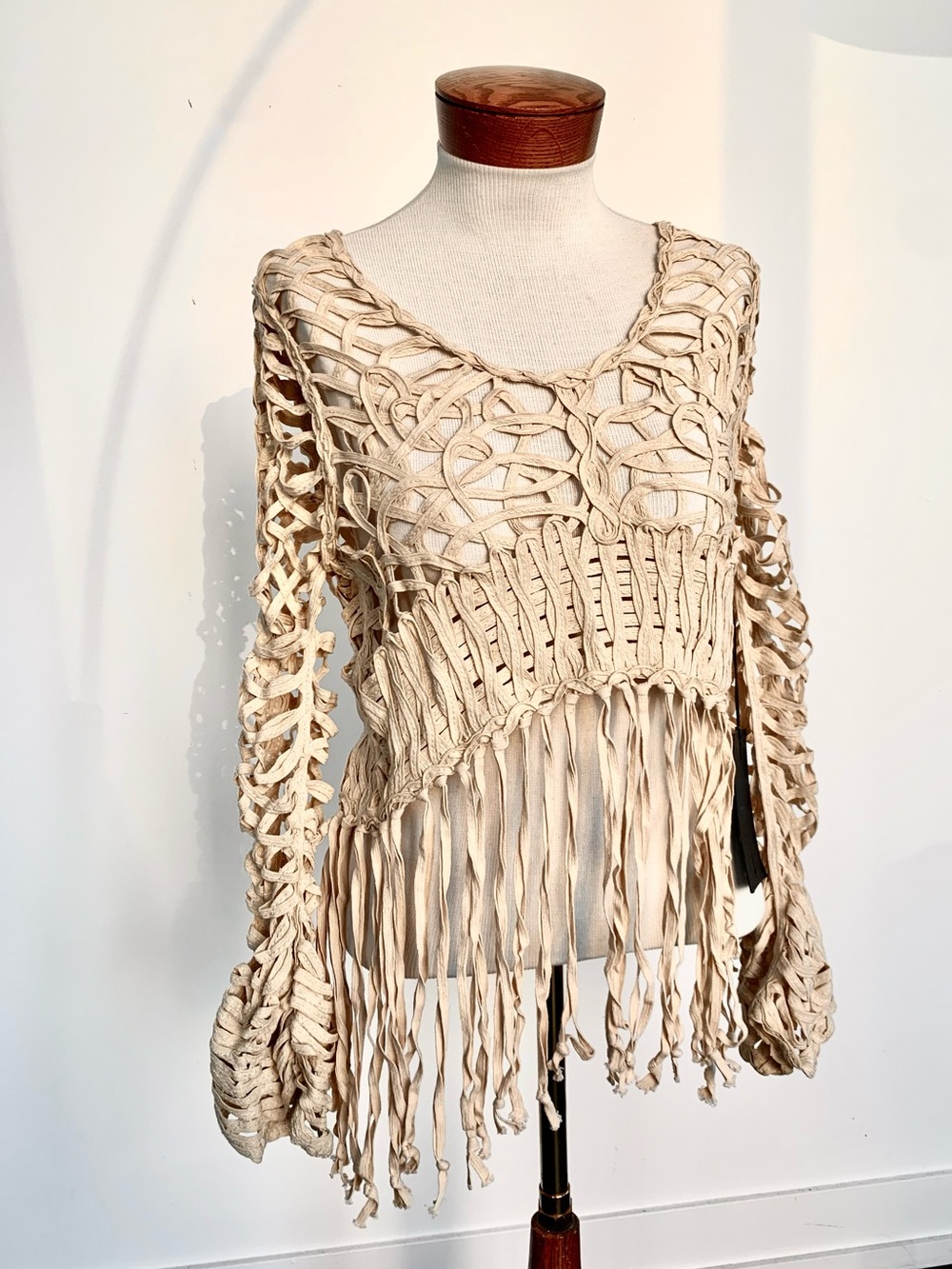UNIF Cream Crochet Fringe V-Neck Sweater